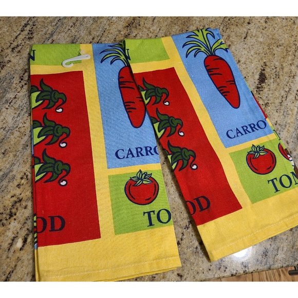 Vtg Vegetables Mushrooms Retro Kitchen Towels Set of 2 Bright Tomato Corn Peapod